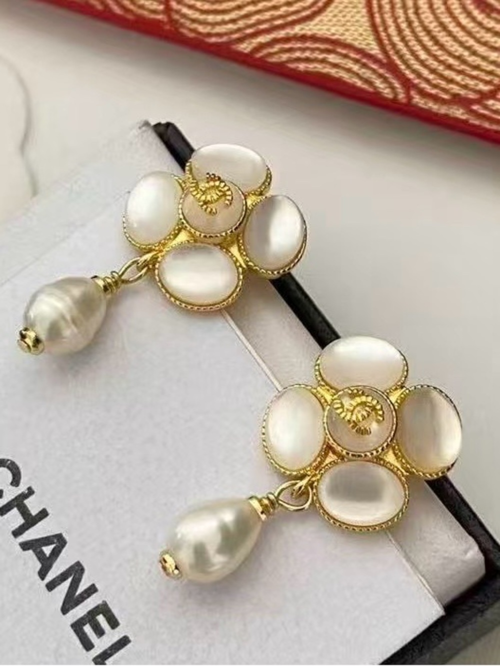 CHANEL Gold and White Mother-of-Pearl Floral Drop Earrings with Pearl Teardrops
